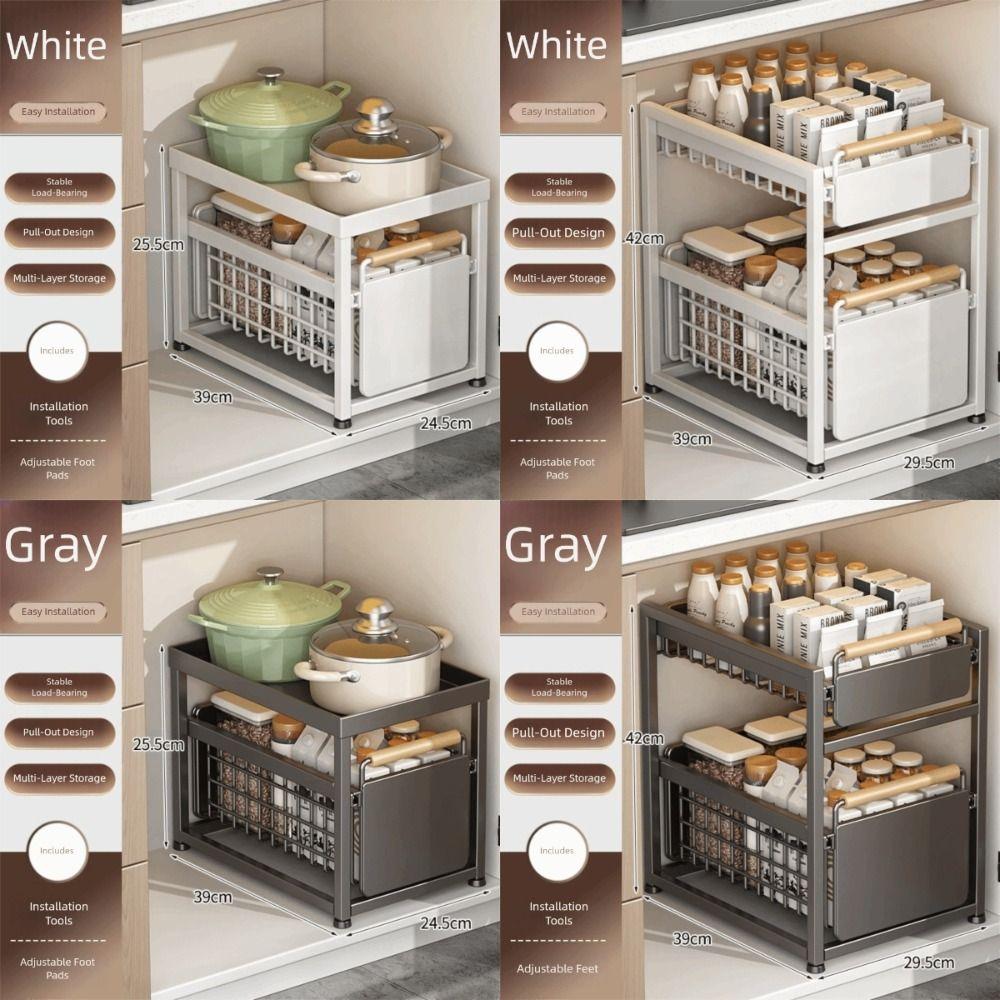 Pull Out Drawer Basket Rack with Wooden Handle Double-layer Under Sink Rack Organizer Sliding Kitchen Storage Rack