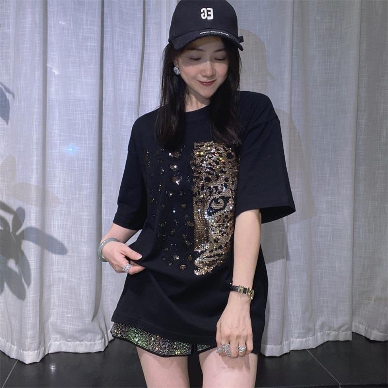 

Clothing Cotton Crew Neck Pullover Short Sleeve T-Shirt, Men s and Women s Hot Diamond Half Sleeve Fashion Trend Couple Top L（50kg-55kg）