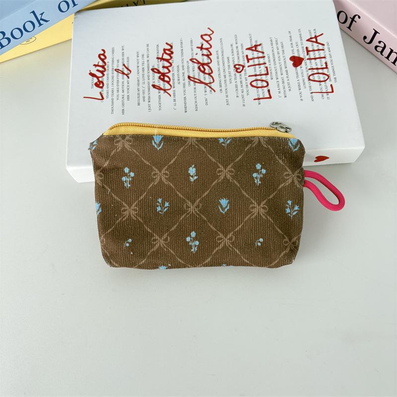 New Corduroy Floral Coin Wallet Women Portable Lipstick Makeup Bag Children's Cute Coin Purse Small Wallet Large Capacity ID Bag