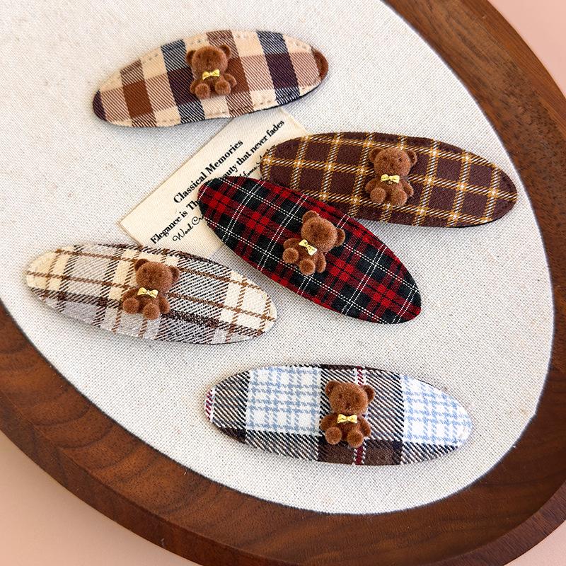 Cute Cartoon Bear Hair Clips Fabric Plaid Side Clip Sweet Girl Oval Bangs Clip Hairpin Barrettes Headwear Hair Accessories 1pc