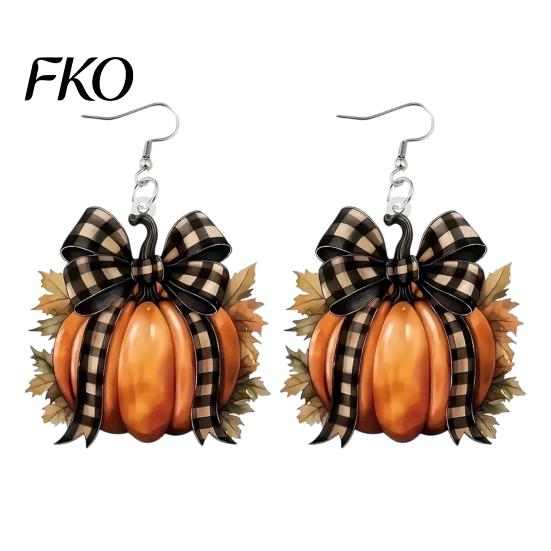 Fall Leaf Jewelry 1 Pair Pumpkin Earrings for Women, Acrylic Dangle Drop Autumn Theme with Plaid Bow, Halloween Holiday Party Retro Bow