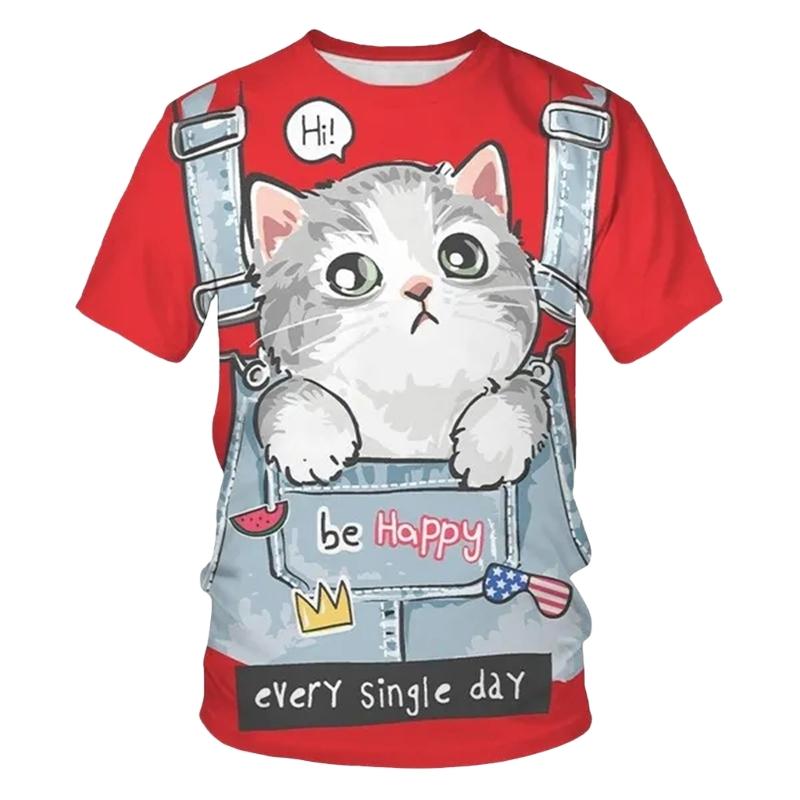 Children s clothing straps cute cat 3D printed girls  short sleeved T-shirt summer fashion boys  clothing round neck outdoor casual children s top 140