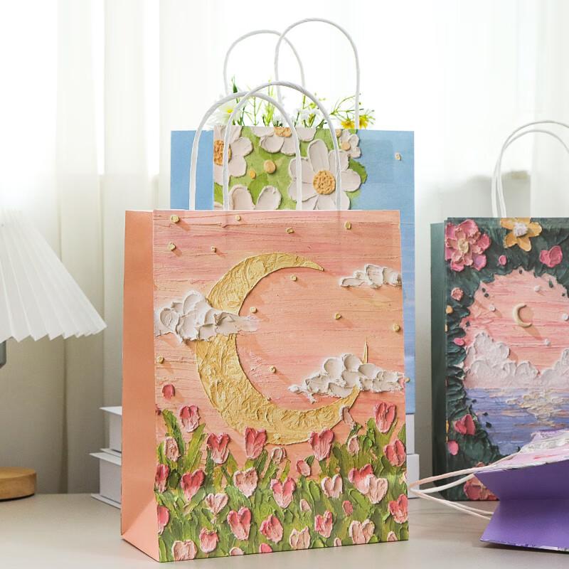 Gift Bags, Birthday Present Handbags, Holiday Gift Storage Bags, High-End Shopping Packaging Bags, Cute Paper Bags with Oil Painting Landscape