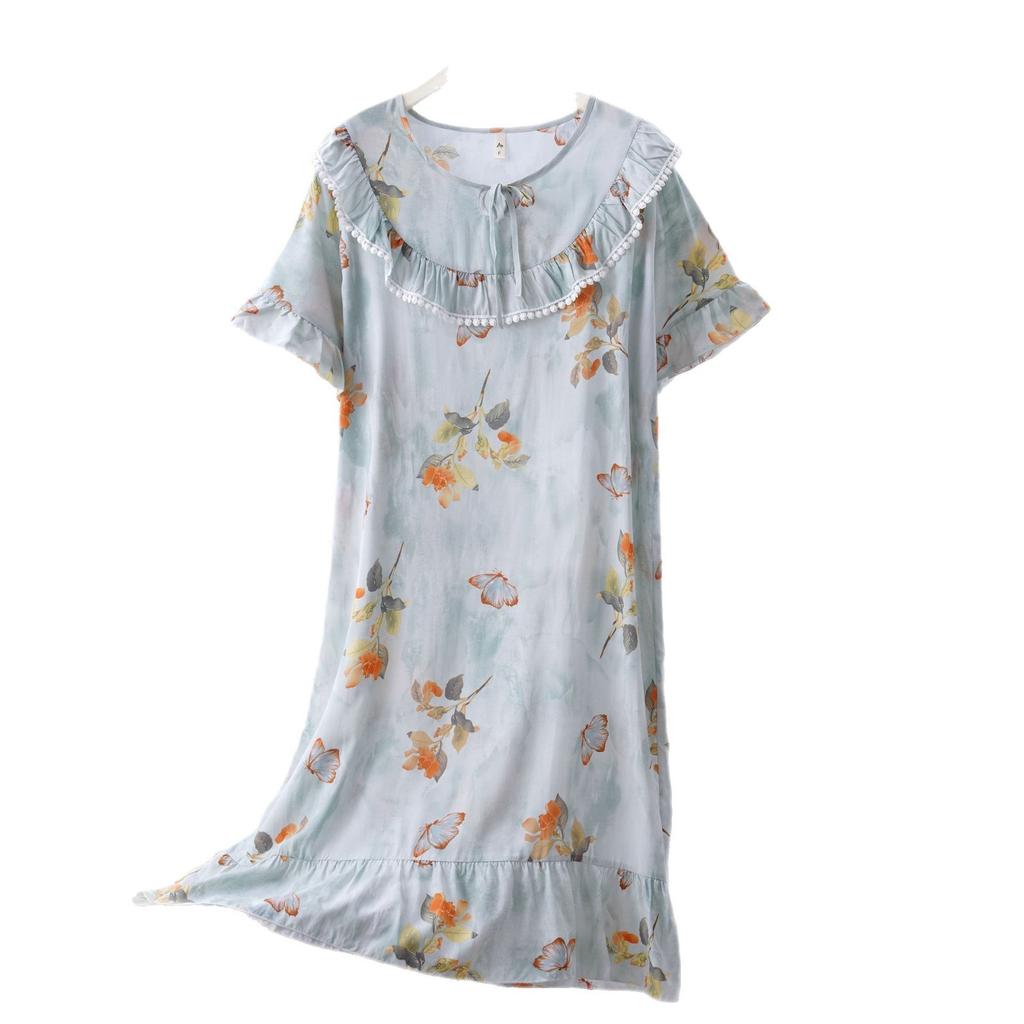 1011 new spot women's spring, summer and autumn cotton silk loose thin large version nightdress simple and comfortable loungewear