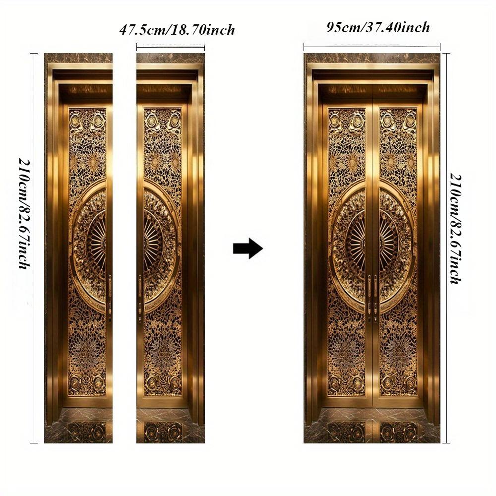 2Pcs1 Luxury Golden Door Mural Stickers, Self-Adhesive, Removable Wall Decoration with Elegant Floral And Geometric Patterns, Mo