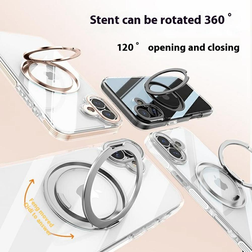 For iPhone 16 Plus Case Compatible with MagSafe Gear Fulcrum Kickstand Electroplating Lens Frame PC+TPU Phone Cover