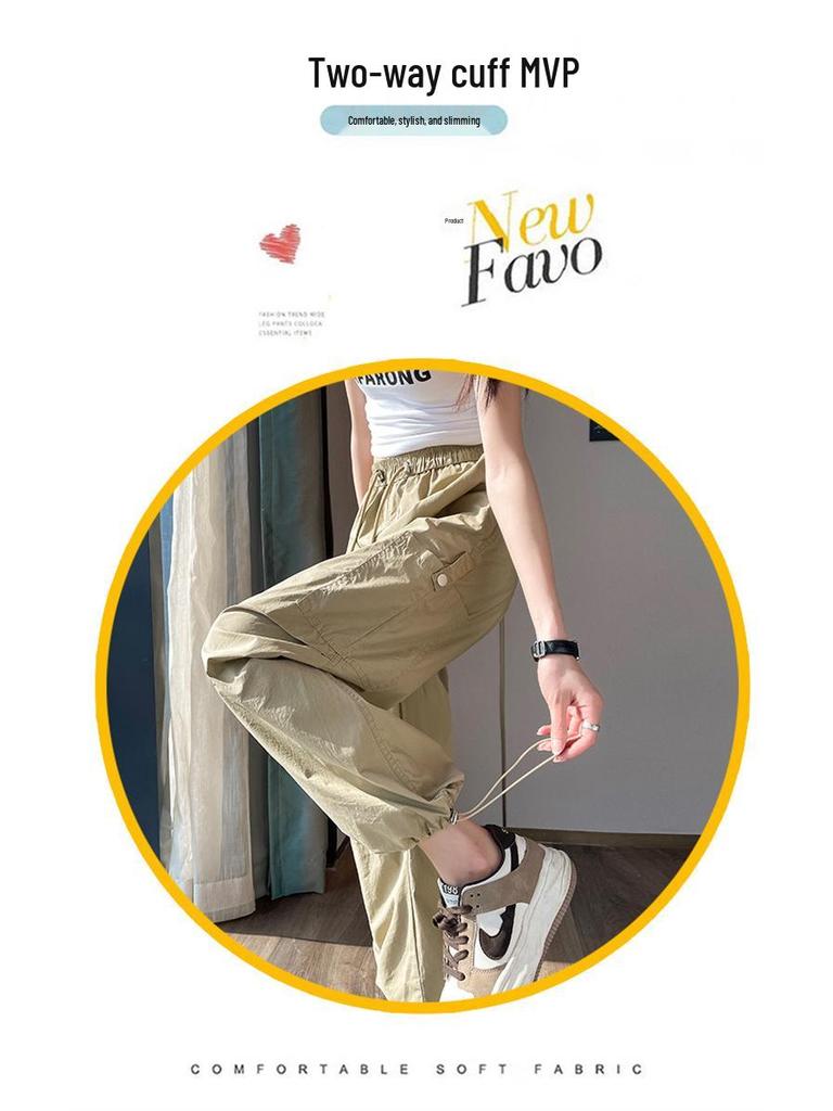 In-Stock Quick-Dry Wide Leg Cargo Pants for Women - High Waist, Cuffed, Two-Way Style, Spring/Summer Collection