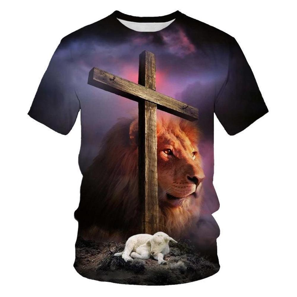 Cross Lion Pattern 3D Printed T-shirt Personalized Christian Art Round Neck Clothing Summer Fashion Creative Design Short Sleeved Tops