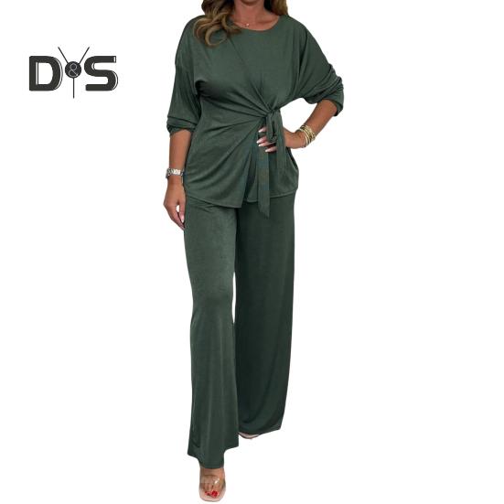 

Женский комплект из 2 предметов: топ и брюки, круглый вырез, длинные рукава, шнуровка, плиссированная блузка, эластичный пояс, широкие брюки, повседневный спортивный костюм на осень и весну XL темно-зеленого