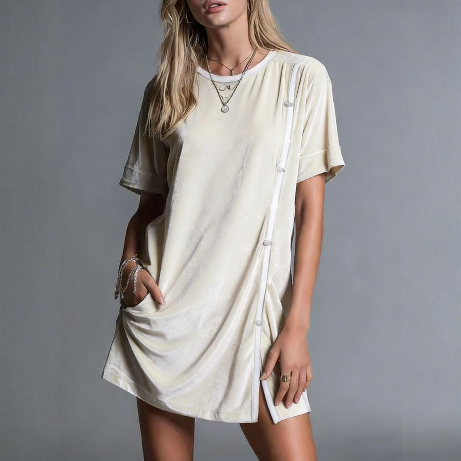 

Short Sleeve Velvet T Shirt Dress for Women Loose Fit Crew Neck Casual Relaxed Style Soft Material XL білий