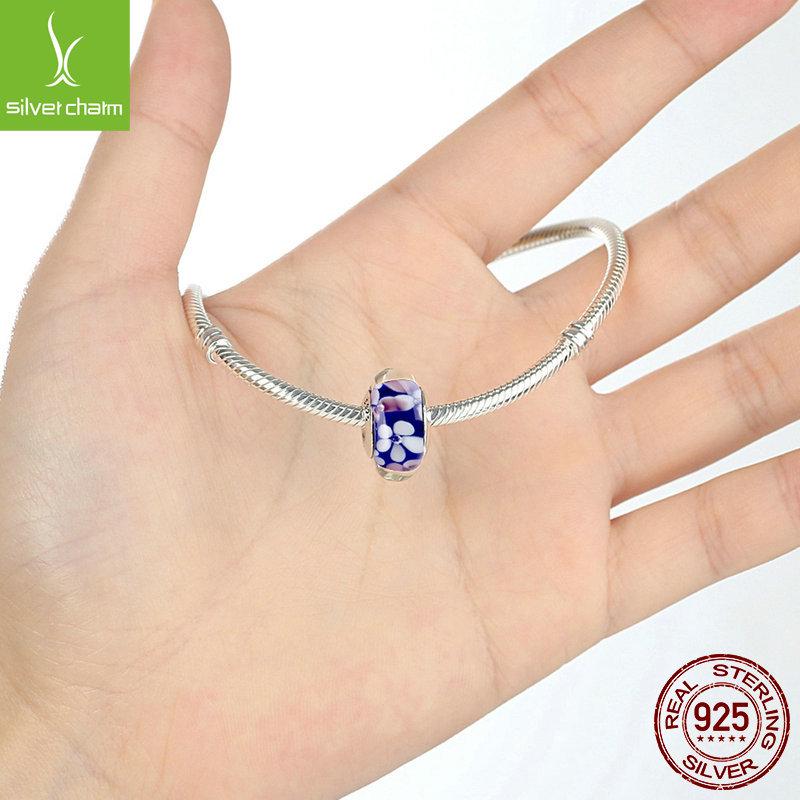 S925 Sterling Silver Pink Floral Lampwork Beads for DIY Bracelets
