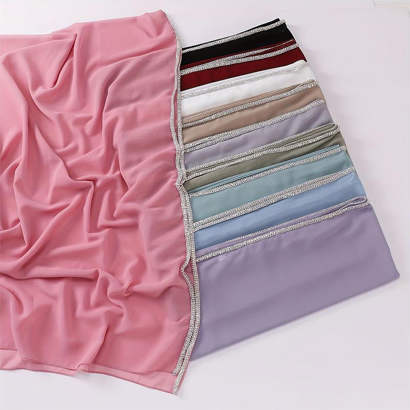Lenço de xale de chiffon com bolhas de pérolas e strass de diamante de alta qualidade com contas brilhantes e faixa de cabeça envoltório foulard muçulmano hijab sjaal