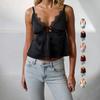 Women'S Solid Color Satin Lace Camisole Tie Front Cut Out Peplum Top Y2K Coquette Spaghetti Strap Crop Top