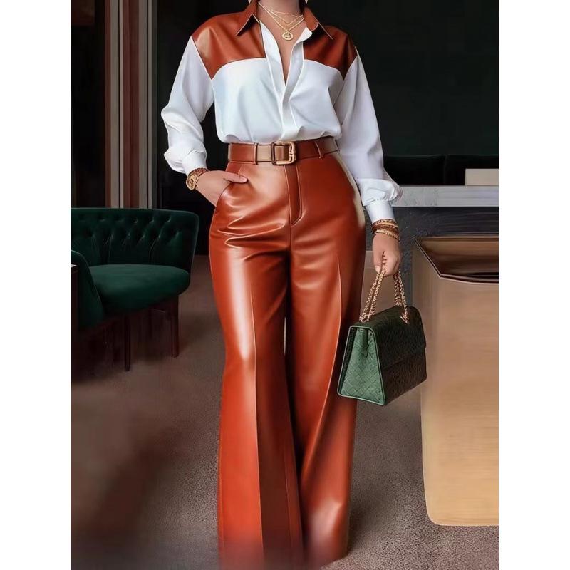 

Women s Two-piece Set: Long-sleeve Shirt with Belt and Wide-leg Leather Pants 2XL світло-коричневого кольору