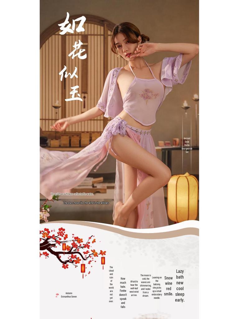 Women's Retro Hanfu Chiffon Lingerie Set with Digital Print