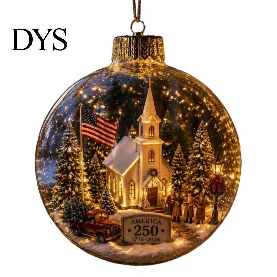 Reusable Party Ornaments 250th Anniversary USA Christmas Ornament, Light Up Plastic Clear Ball Hanging Decoration with Garden Wall Bell Train