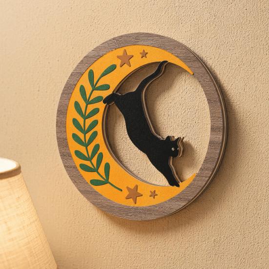 3D Cat Wall Decor 4Pcs Boho Decoration, Round Wooden Hangings, Animal Star Sun Moon Crescent Botanical Decor, Layered Wood Plaque for Living