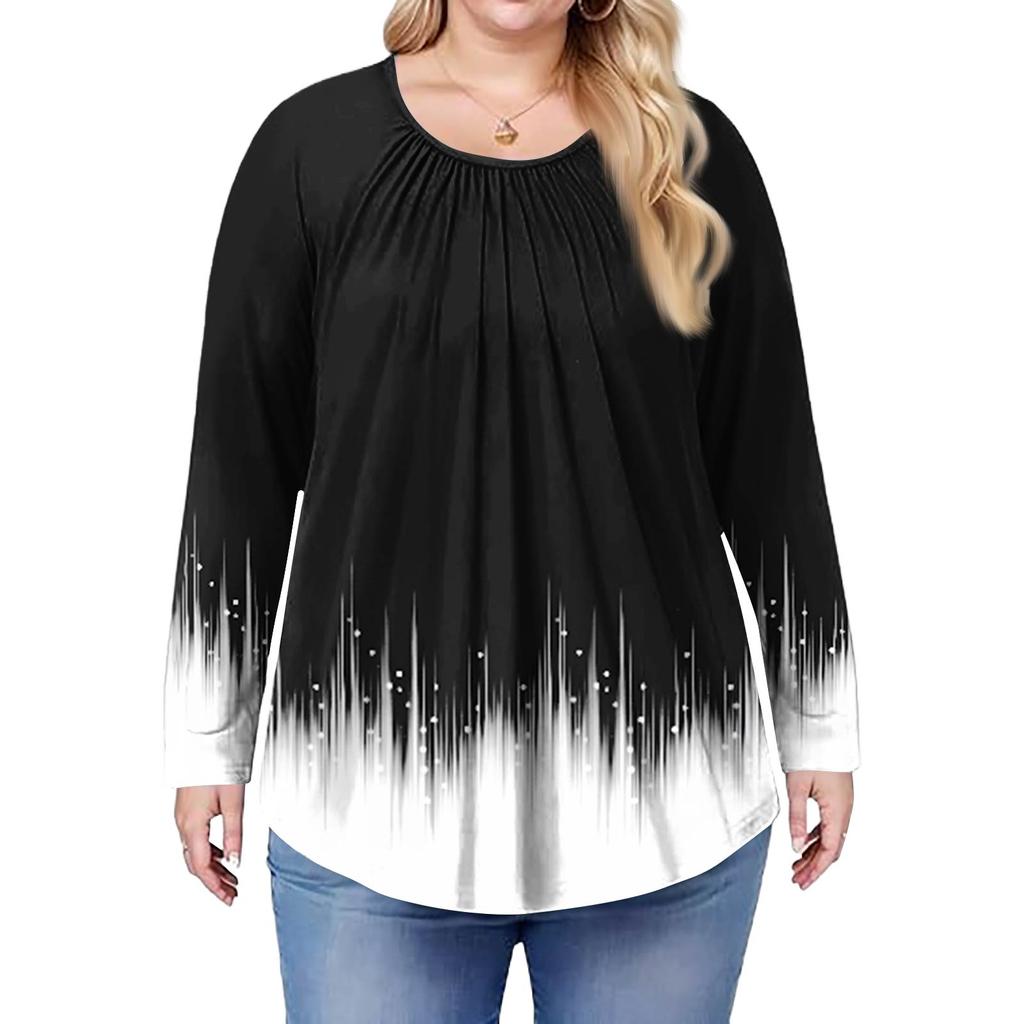 Women's Plus Size Fashion Printed Casual Pleated Round Neck Long Sleeve Top