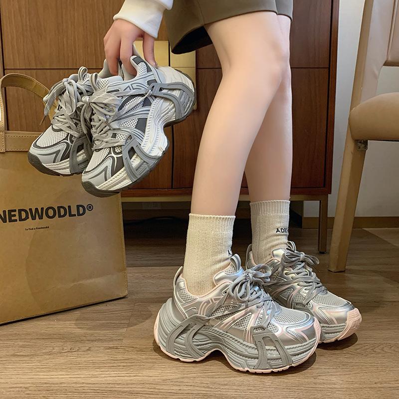 Lässige Plateau-Sportschuhe Damen 2025 Frühfrühling neu runde Zehenpartie Schnürschuhe Dad-Schuhe Damen höhenverstärkende vielseitige Damen Einzelschuhe