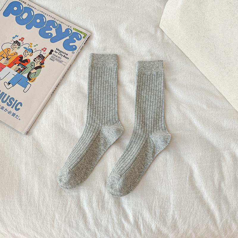 Female Summer Thin Simple Pure Color All Build Vertical Bar Wicking High Tube Cotton Socks