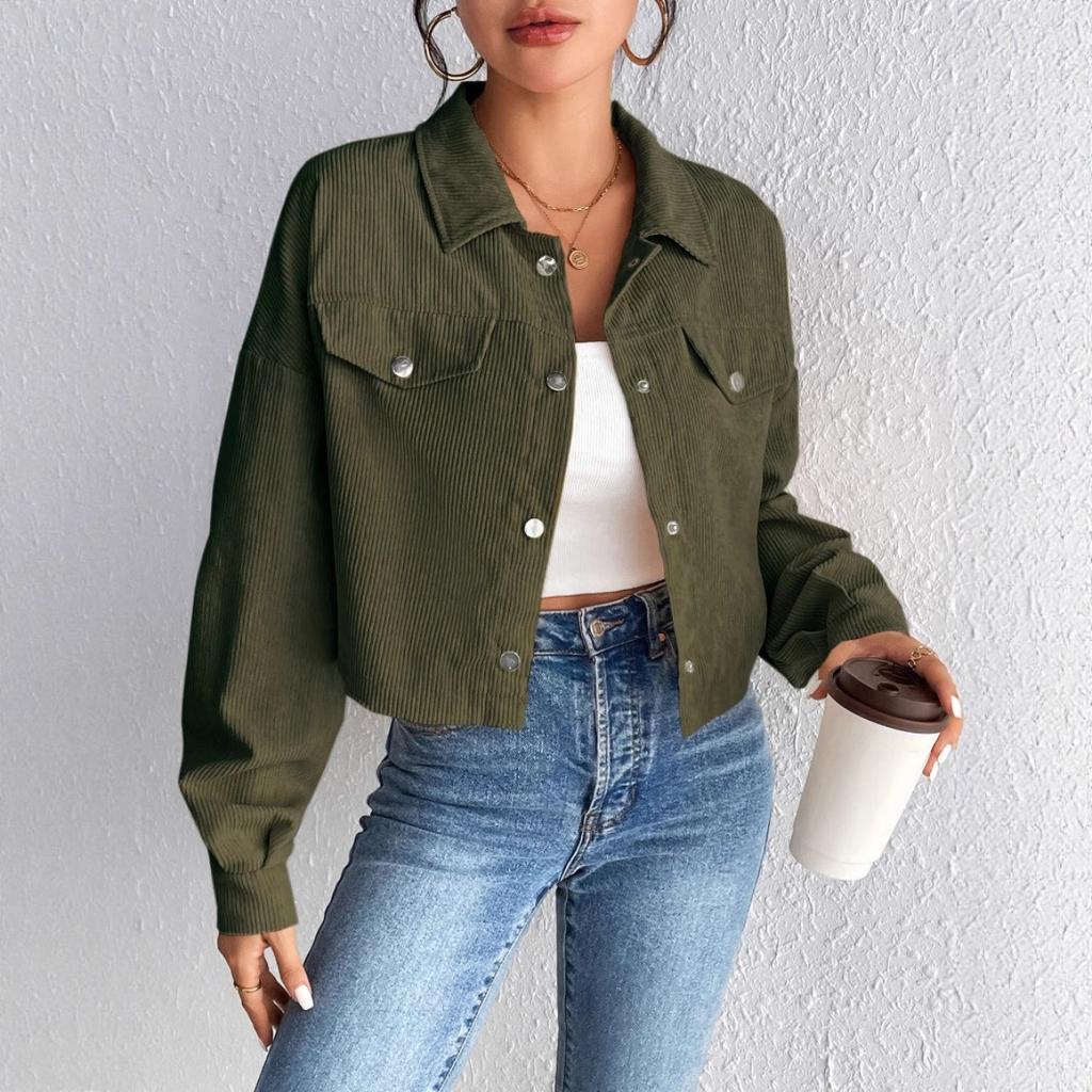 Temperamentní úzký krátký kardigan na zip s klopou a manšestrovou bundou