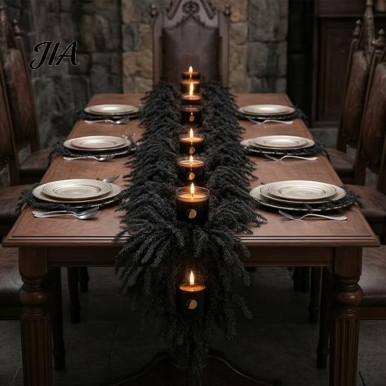 Waterproof Outdoor Halloween Props Black Garland, Spooky Artificial Cedar Vine for Mantel Fireplace, Realistic Dark Aesthetic Fireplace Mantle