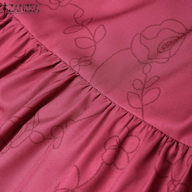 ZANZEA Women Vintage Print Casual Round Neck Long Sleeve Loose Dress