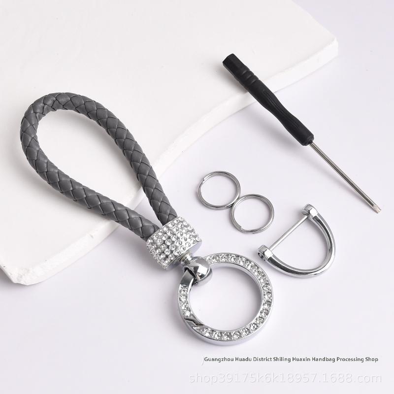 Handcrafted Braided Rope Keychain Sparkling Rhinestones - Stylish Monochrome Car Key Ring Fashion-Forward Accessory
