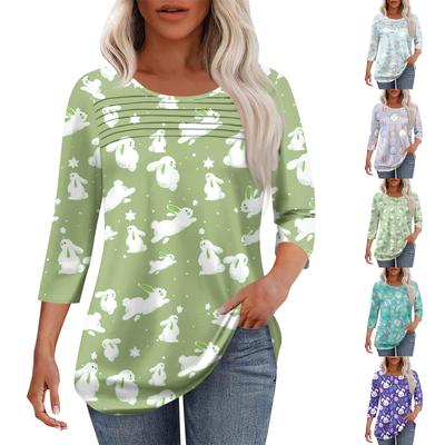 Women's Fashion Round Neck Pleated Front Placket Print 3/4 Sleeve Top