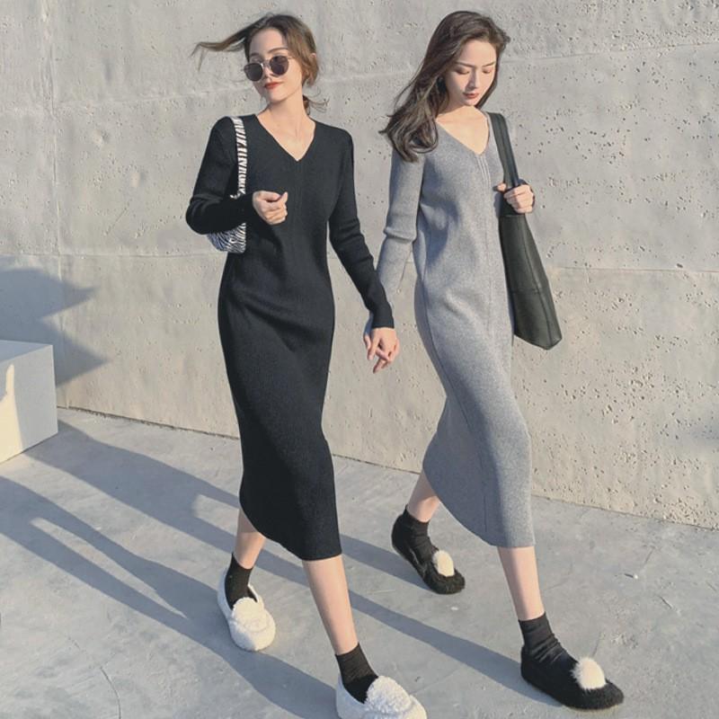 Womens V-Neck Knit Midi Dress Winter - Slim Fit Long Sleeve Cotton Blend Tunic In Black Grey