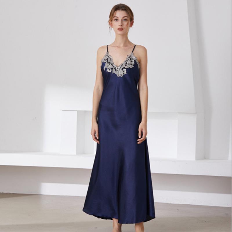 

Женская сексуальная кружевная пижама из искусственного шелка с V-образным вырезом и длинной ночной сорочкой-комбинацией XXL