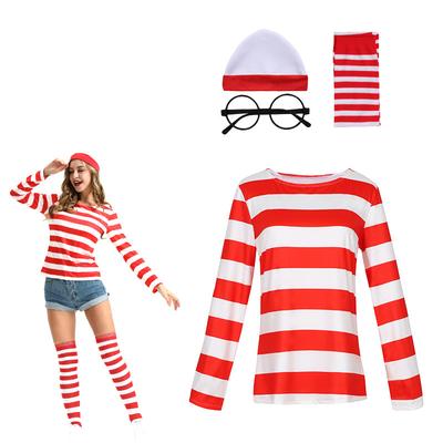 Kde je Wally Waldo Kostým Rodič-dieťa Kreslený Waldo Týždeň knihy Cosplay Oblečenie Pruhované Tričko s dlhým rukávom Halloweensky klobúk Okuliare