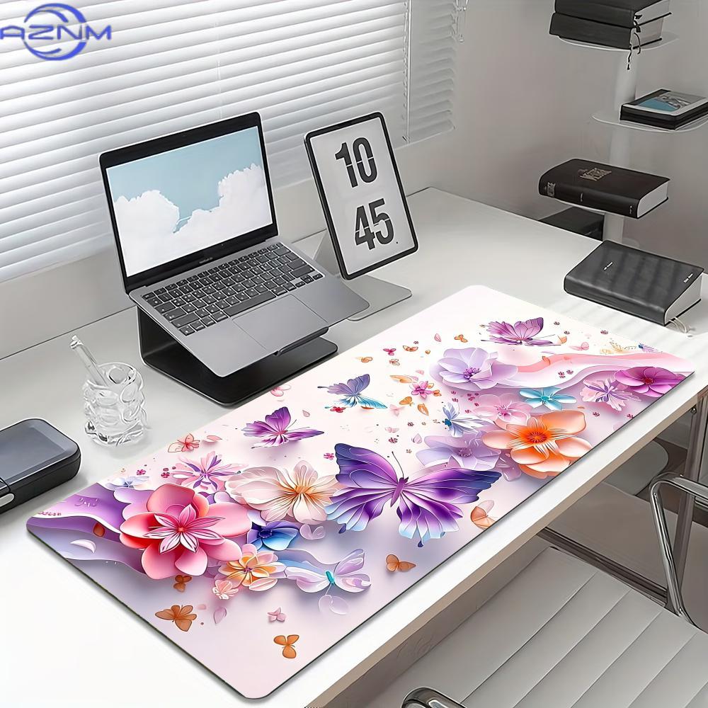 Watercolor Floral Butterfly Large Desk Mat Gaming Mouse Pad Non Slip Rubber Stitched Edge Keyboard Mat For Office Desktop Decor