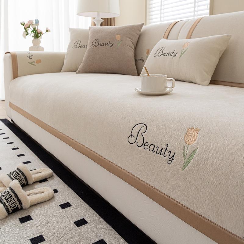 

Шенилловый чехол для дивана, стиль легкой роскоши, подушка для дивана для гостиной, универсальный для четырех сезонов, комбинированный, с вышивкой, диванное полотенце 70x70cm 1pcs бежевый