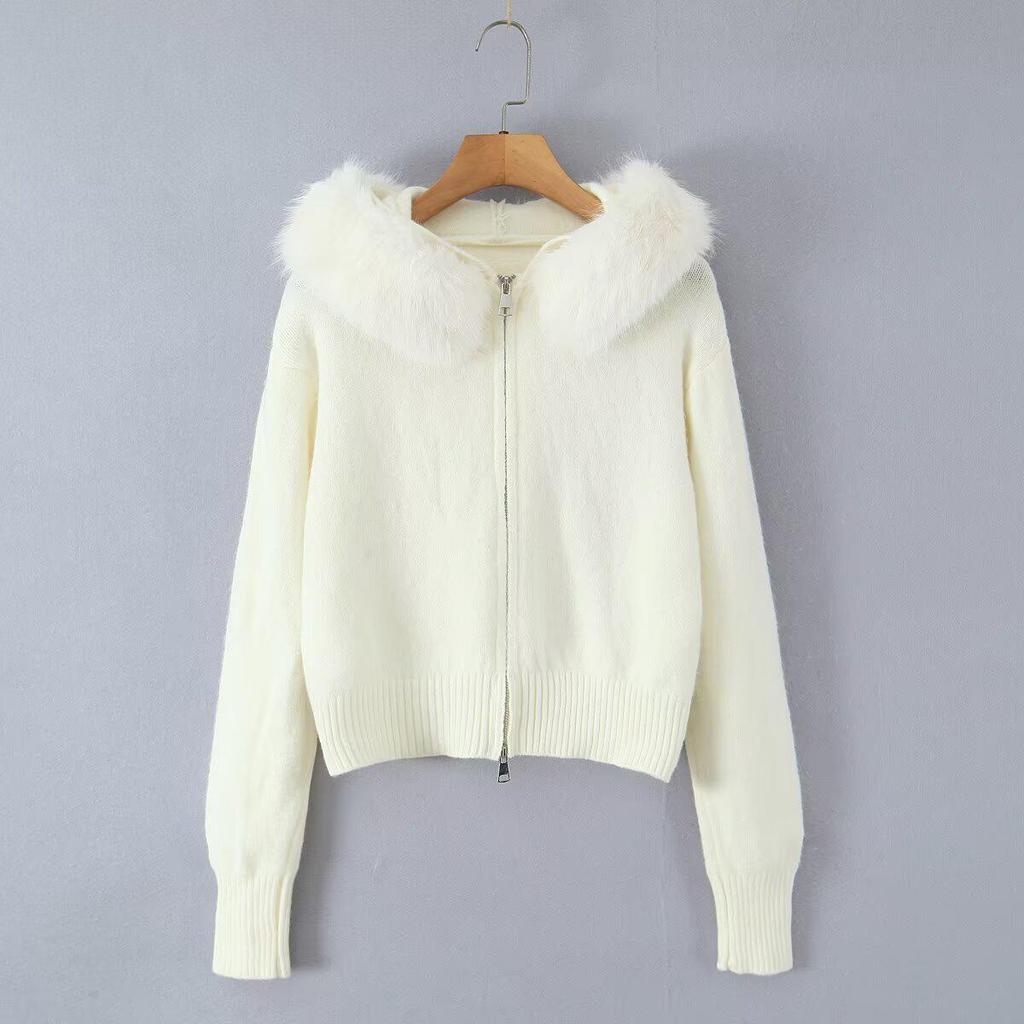 Women's Hooded Knit Cardigan with Fur Collar, Slim Fit, Short Loose Sweater for Autumn/Winter