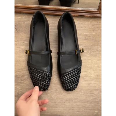 Talon épais tissé noir polyvalent niche chaussures simples pour femmes semelle souple tempérament de travail mot avec chaussures Mary Jane faites à la main