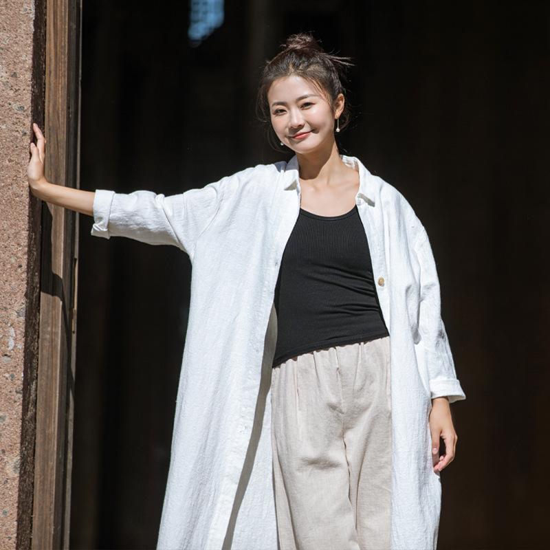 2026 Spring Women's Artistic Sand-Washed Cotton Linen Lapel Long Coat - Loose, Slimming Outerwear Cardigan