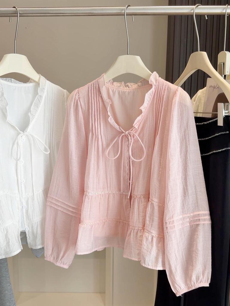 2026 Spring/Summer Women's French V-Neck Ruffle Tie-Up Loose Lantern Sleeve Shirt