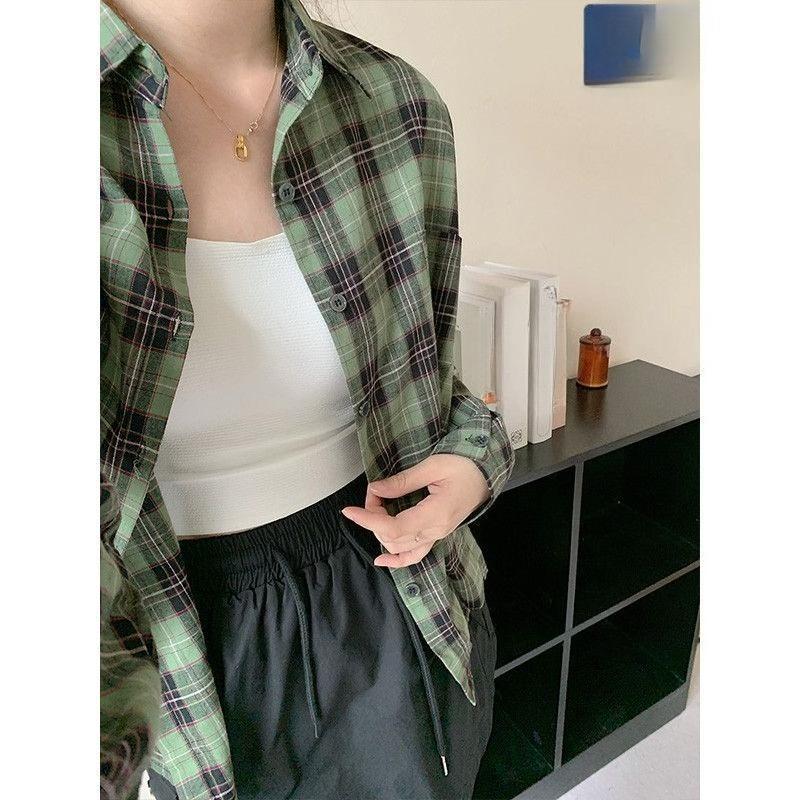 

Женские рубашки с длинным рукавом в зеленую клетку, повседневные, ретро, универсальные блузки, ленивый стиль, свободные, повседневные женские топы, куртка XXL зелёный