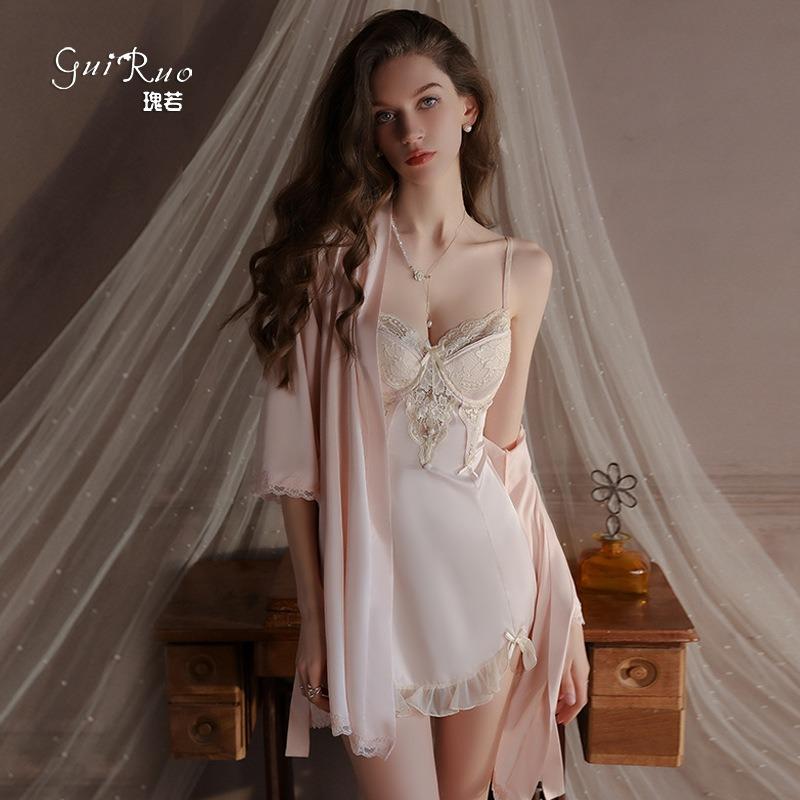 Sweet Embroidered Lace Plus Chest Pad Deep V Seduction Satin Nightdress Robe Women's Home Set