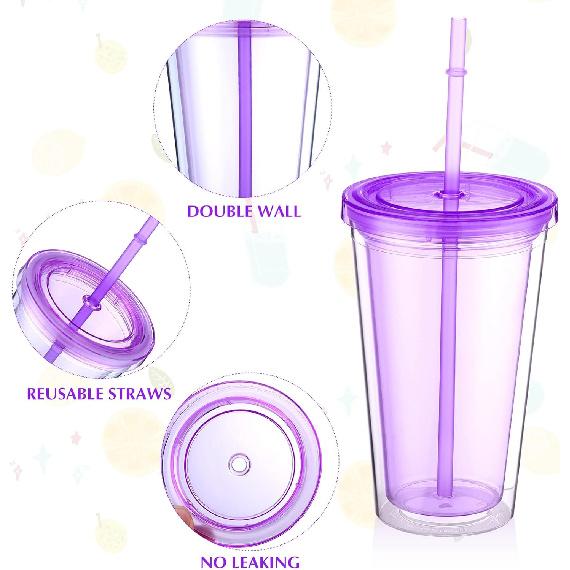 Nuogo 4 Pieces Insulated Double Wall Plastic Tumbler with Lids and Straws Reusable Transparent Plastic Cup 16 oz Tumbler Bulk for Coffee Drinks Milk