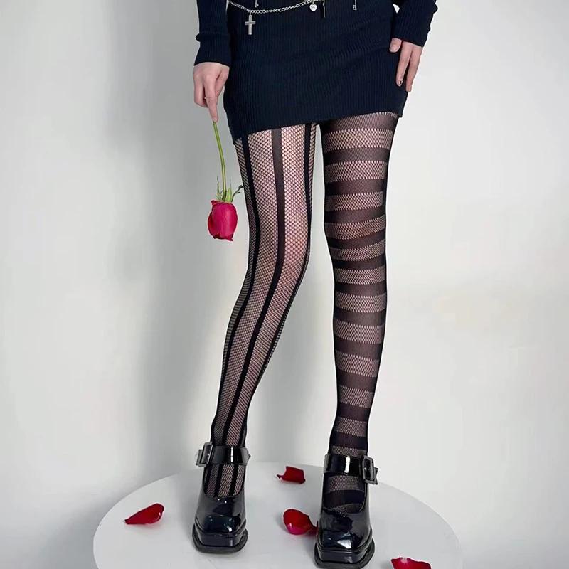 Stripe Asymmetric Tights Women'S Pantyhose High Elasticity Lace Hollow Fishnet Sexy Stockings Classic Ladies Gothic Pantyhose
