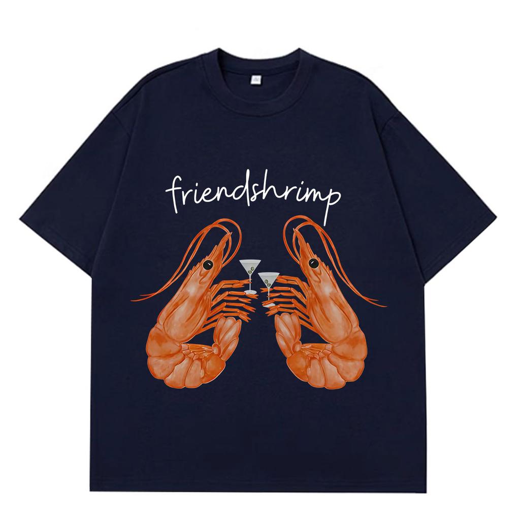 Cute Shrimp Holding Martini Cocktail Funny Friendshrimp Meme Tshirts Unisex Unisex Fashion Hiphop Loose Casual Cotton Tshirts