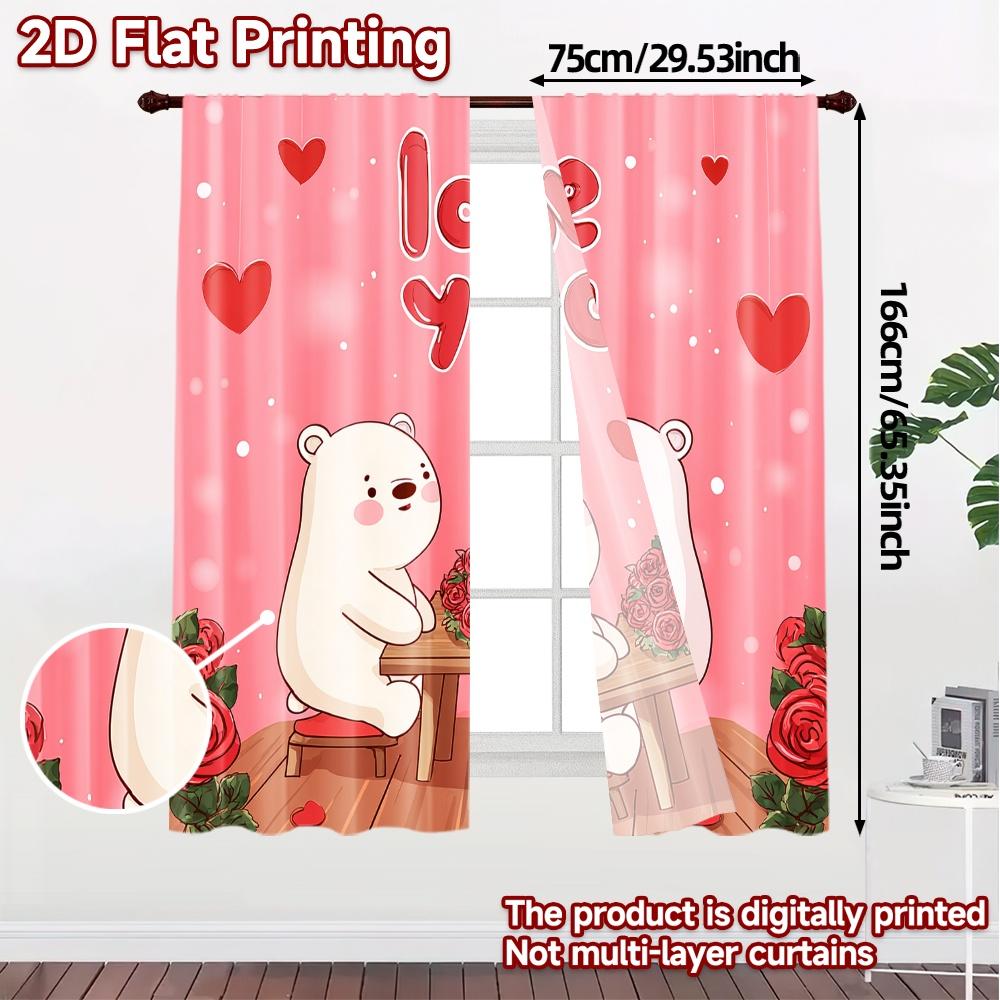 2D Flat Printing  JIT 2pcs   Curtains (Without Rod) Bear Romance Chic Curtains Versatile Polyester Fabric Curtains Thermal