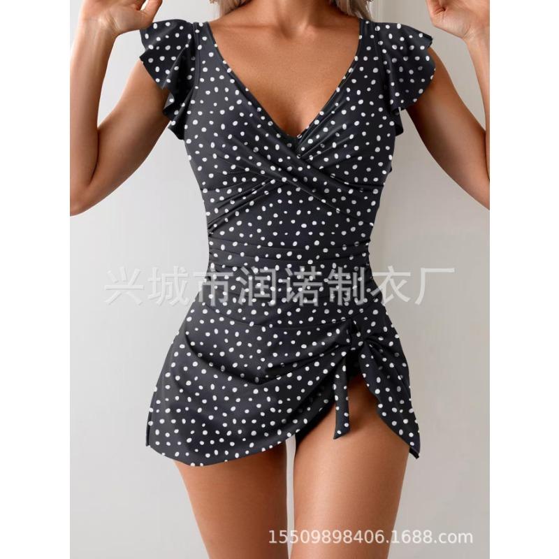 Damen Blumendruck Rüschenärmel Badekleid Seiten Schleife Dekoration Einteiler Badeanzug