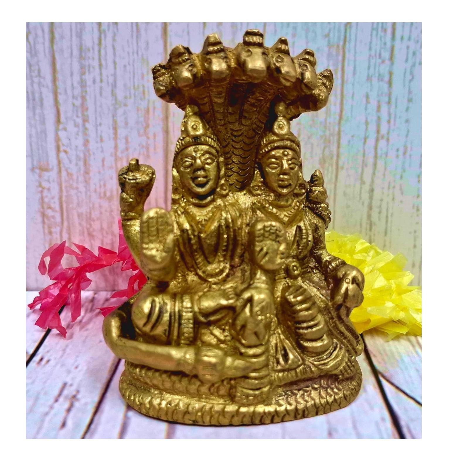 Pure Brass Idol, Lord Vishnu-Lakshmi, Laxmi Narayana Collectible Statue, Gold