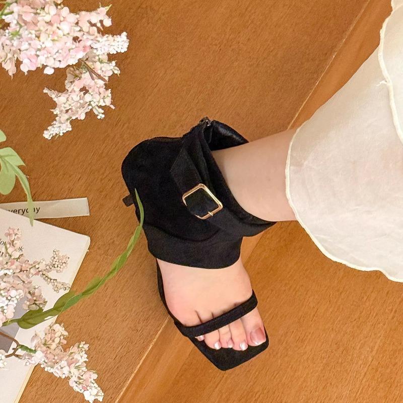 Retro Sommer Neu Quadratische Spitze Offene Spitze Hoher Absatz Kalte Stiefel Damen Metall Schnalle Rutschfest Verschleißfest Stiletto Schuhe