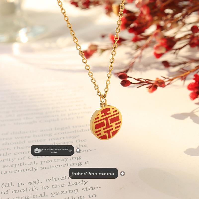 Ethnic Double Happiness Pendant Necklace, 18K Gold Plated Titanium Steel Clavicle Chain