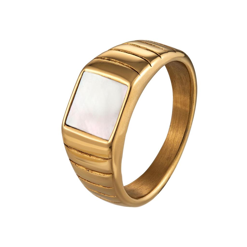 Geometric White Mother-of-Pearl & Black Shell Ring In 14k Gold with Titanium Steel
