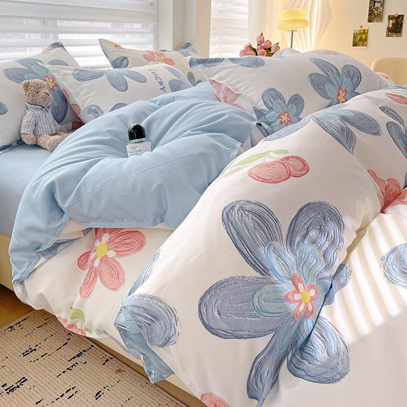 Class A Maternal And Infant Grade Small Fresh Pure Abraded Four-Piece Set Skin-Friendly Bed Sheet Washed Cotton Quilt Cover Student Dormitory 3Pcs Set